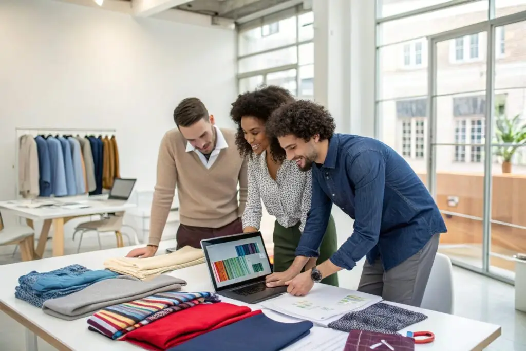 Startup team reviewing small batch clothing production options