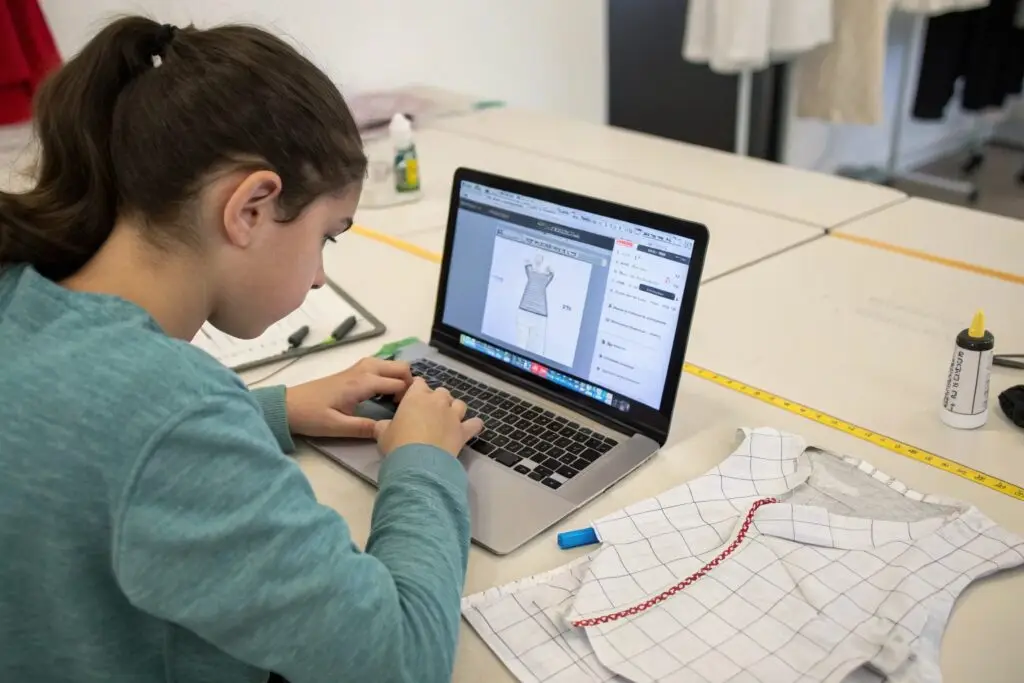 Student working on a fashion design project on a laptop, with fabric and tools on the table