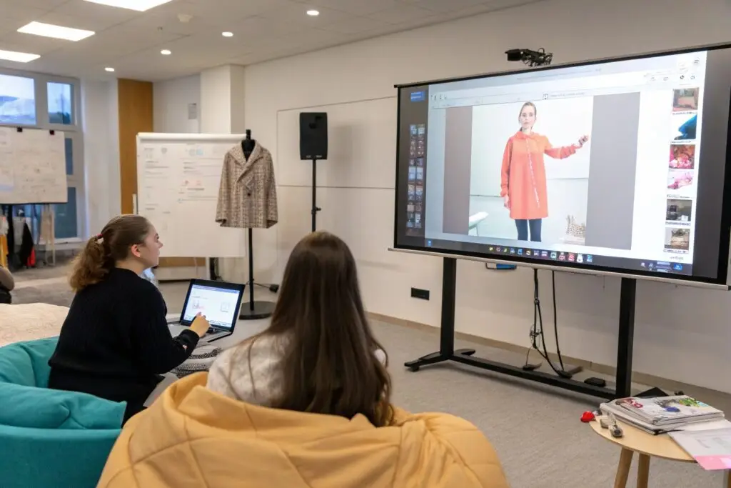 Students learning fashion design and discussing garment photos