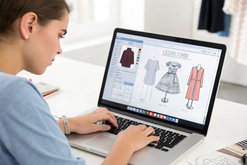 Clothing design software on laptop Student designing clothing patterns on laptop, with sketches on the table