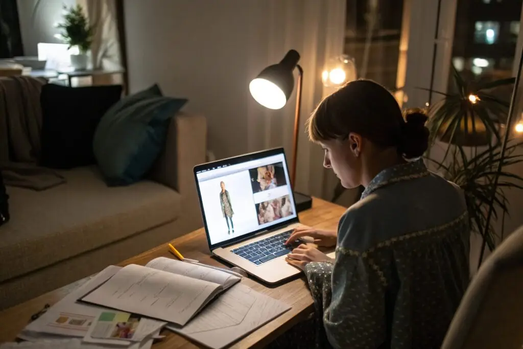 Student studying fashion design at night on laptop