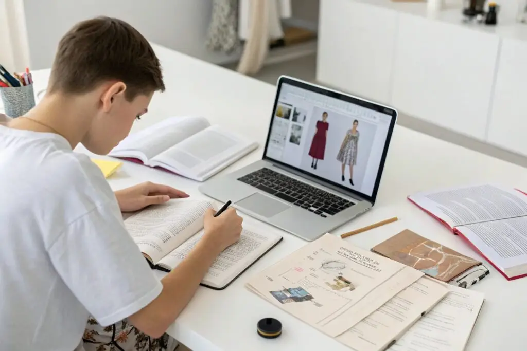 Student studying fashion design and sketching in a notebook