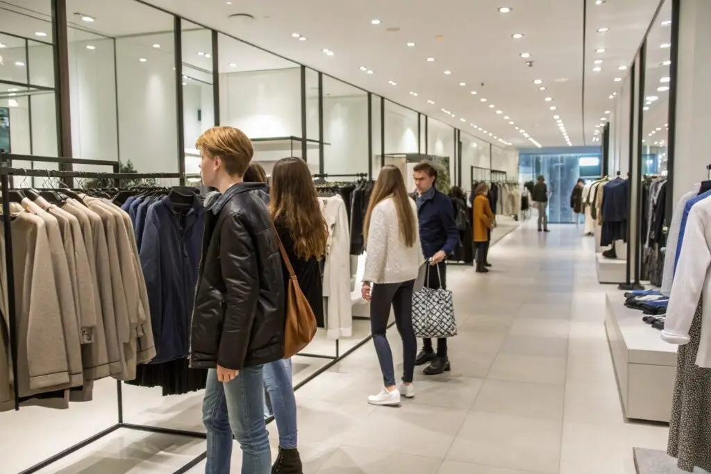 Shoppers browsing clothing racks in a modern fashion store