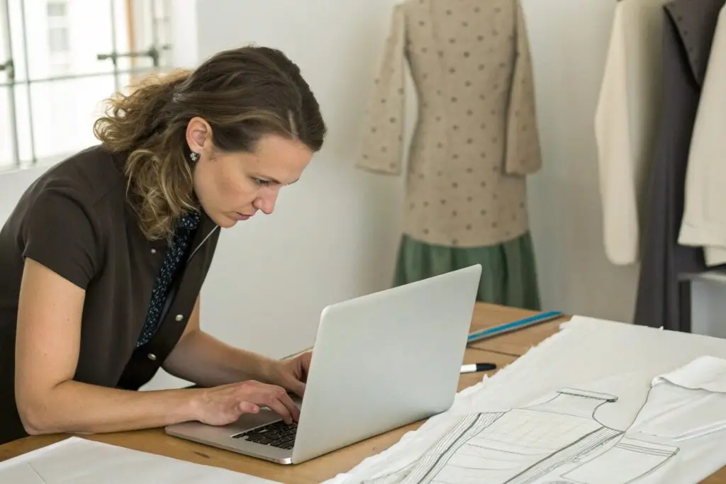 Tech pack designer working on laptop with fashion sketches on table