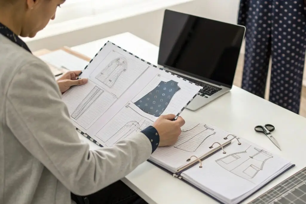 Fashion designer reviewing a tech pack with garment sketches