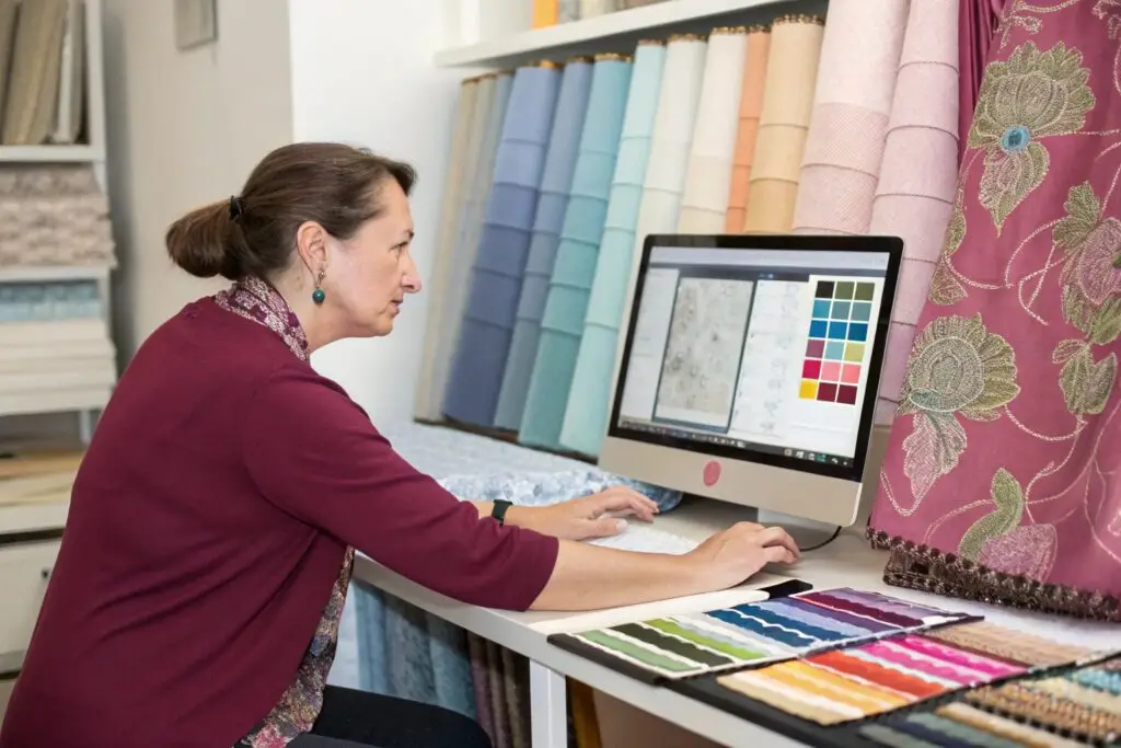 Textile designer working with fabric designs on computer