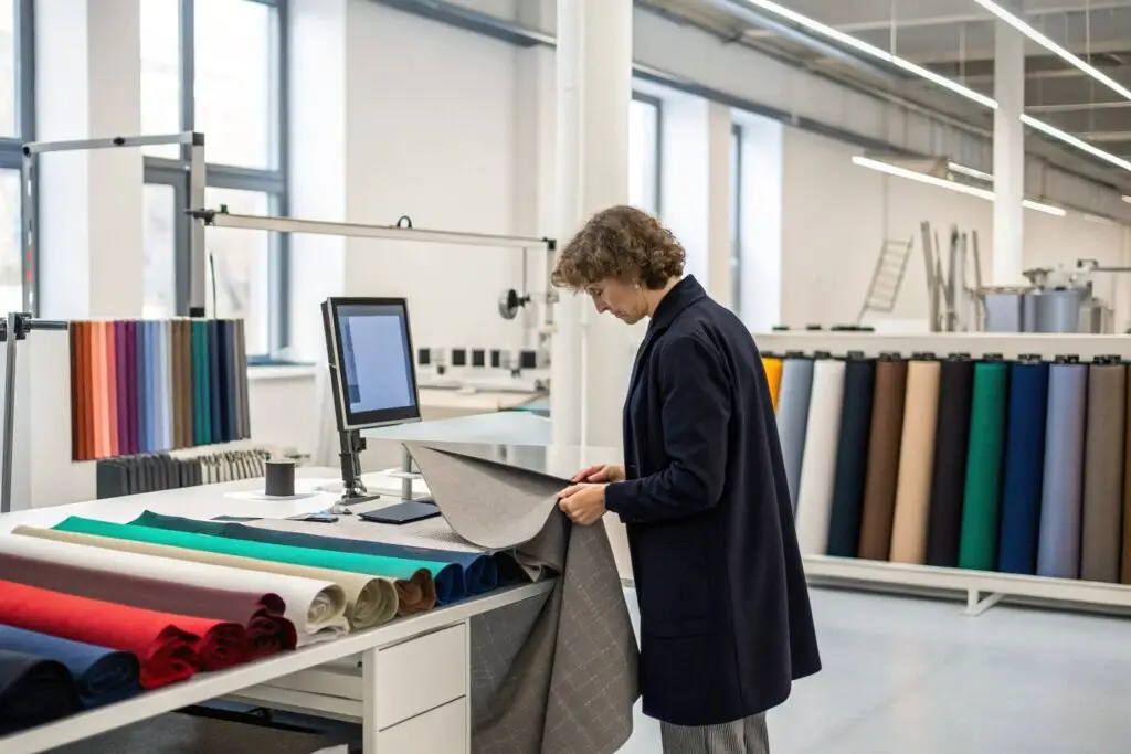 Designer inspecting high-quality fabric samples in a textile facility