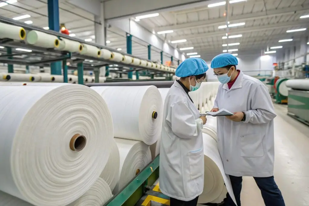 Textile factory workers inspecting large fabric rolls for sustainable apparel production