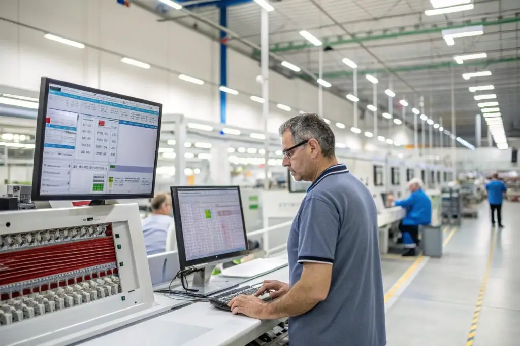 Factory worker using ERP software to manage production