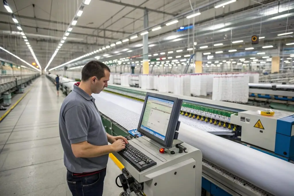 Worker monitoring textile production with computer in a factory