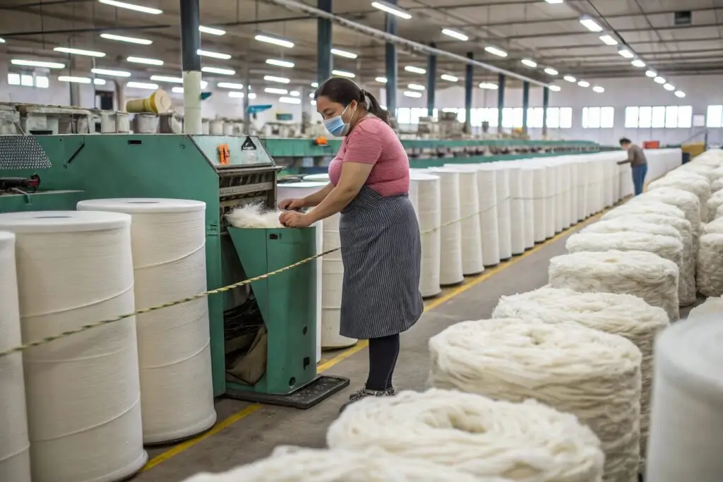 Worker handling raw fiber material in a textile factory