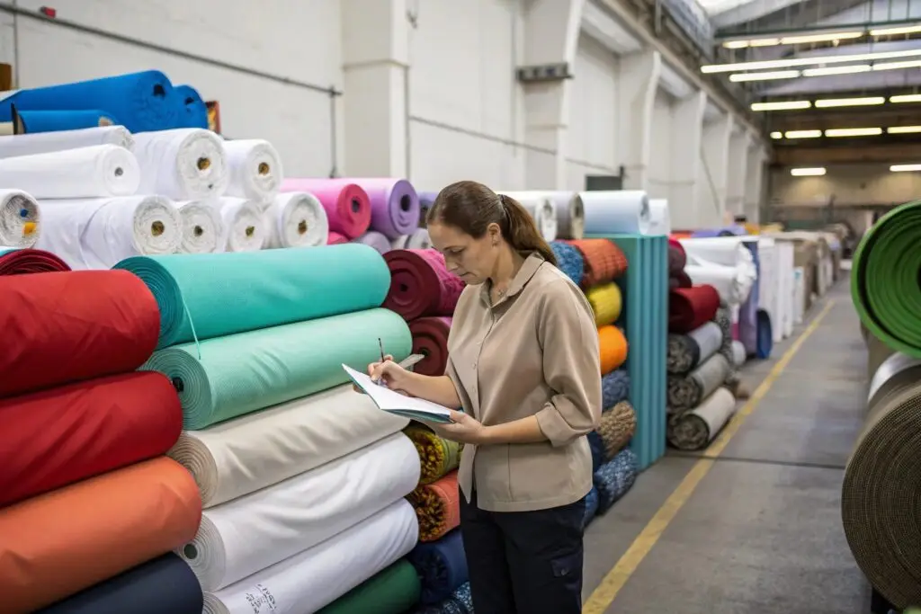 Textile warehouse manager inspecting fabric rolls
