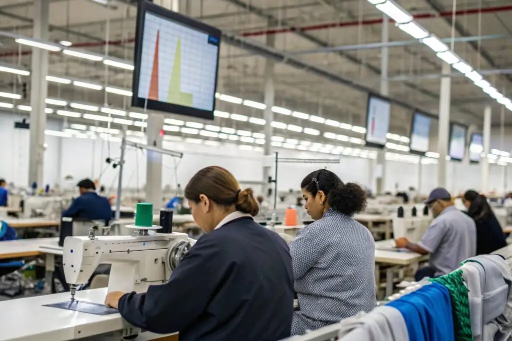 Workers sewing garments in a large factory