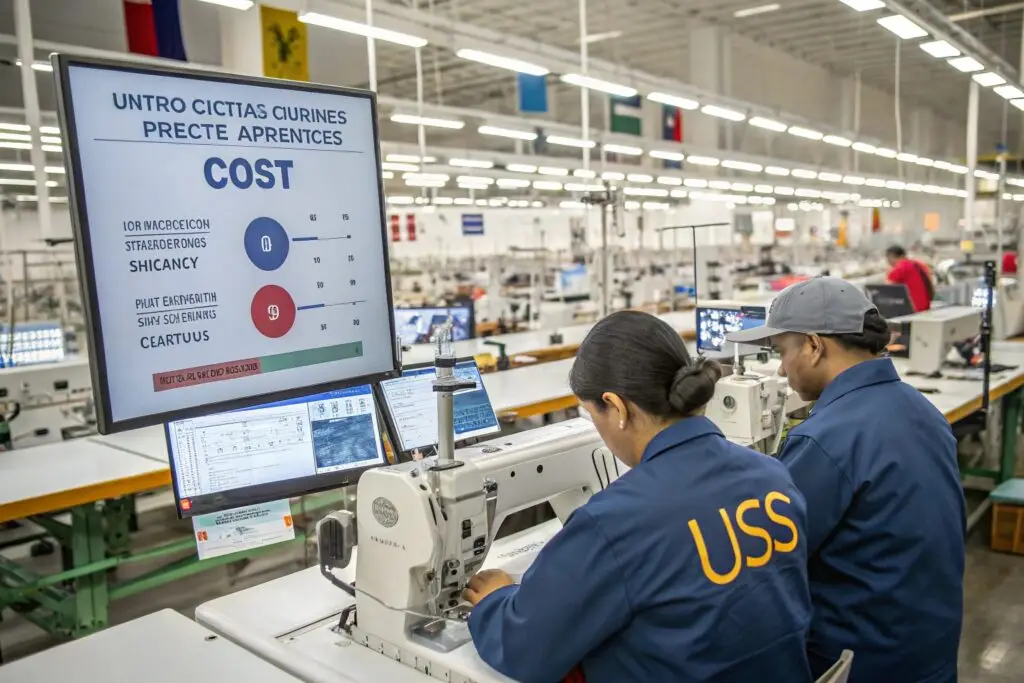 Workers operating sewing machines in a modern garment factory