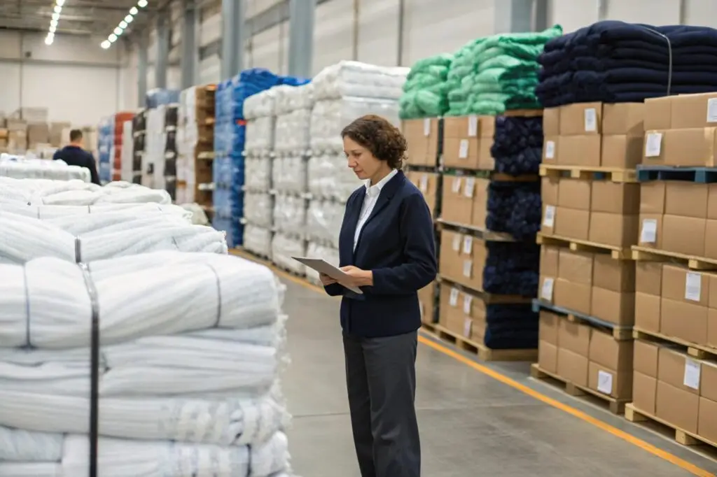 Warehouse worker inspecting bulk fabric rolls in a well-organized storage space