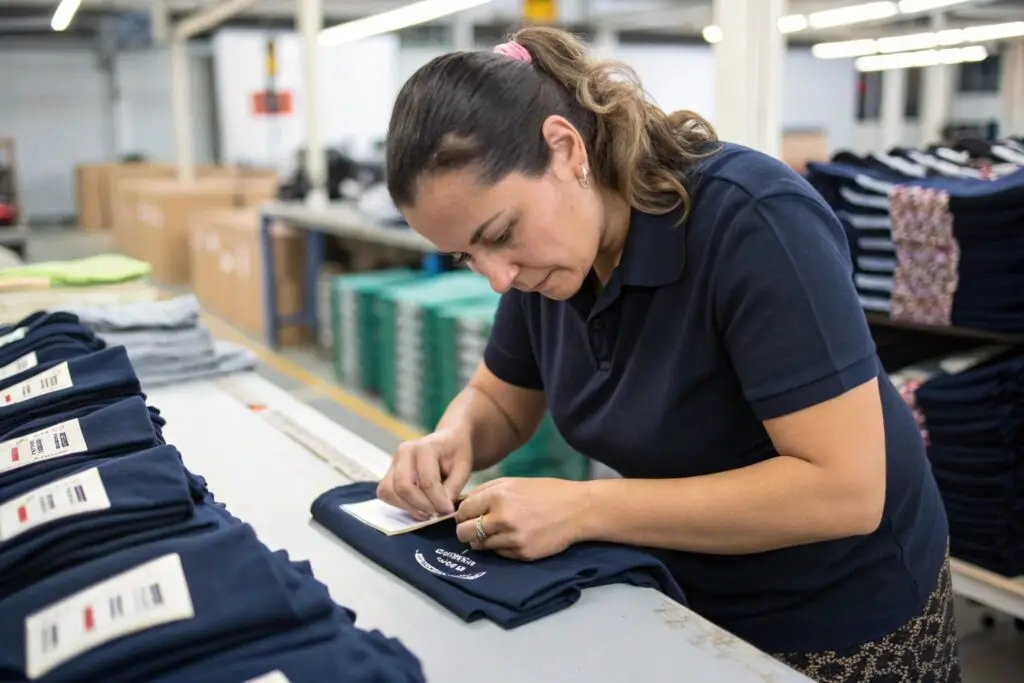 Worker branding a finished garment with a label in textile production facility