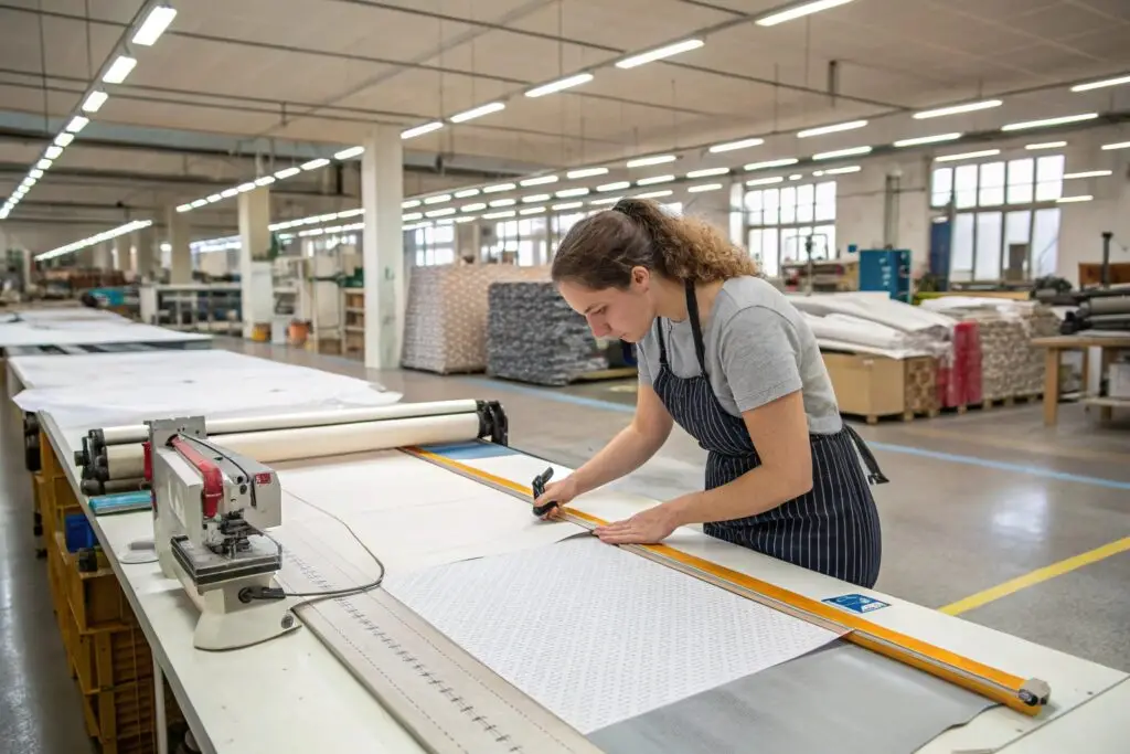 Worker cutting fabric in production facility with industrial tools