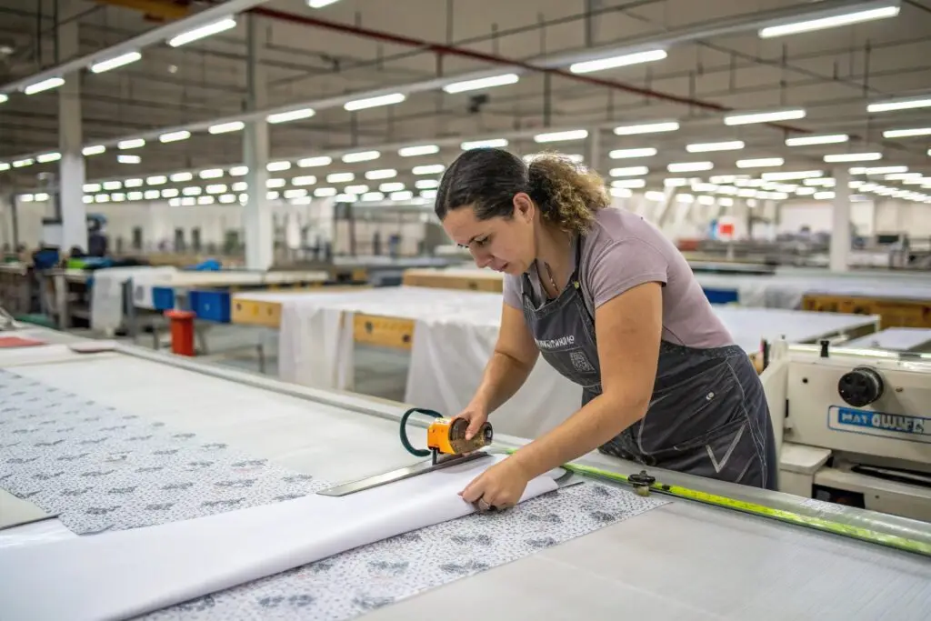 Worker cutting fabric in textile production line