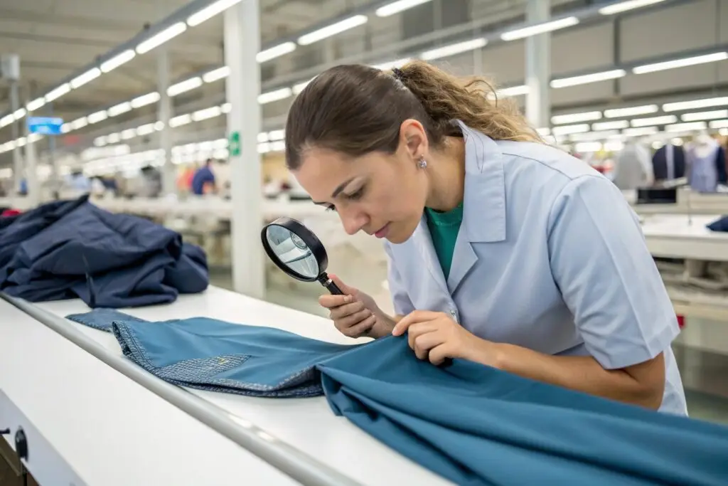 Worker inspecting garment quality with magnifying glass in production line