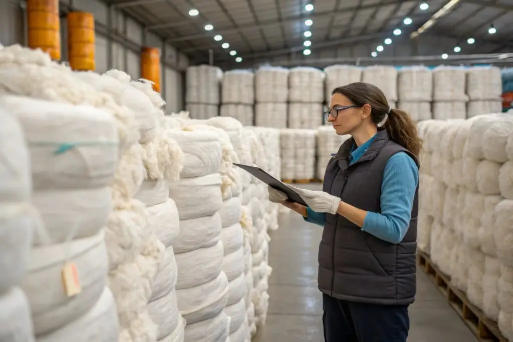 Worker inspecting raw material quality in textile warehouse