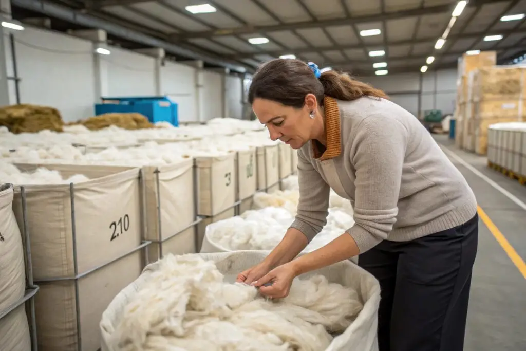 Worker selecting fibers for textile production in warehouse