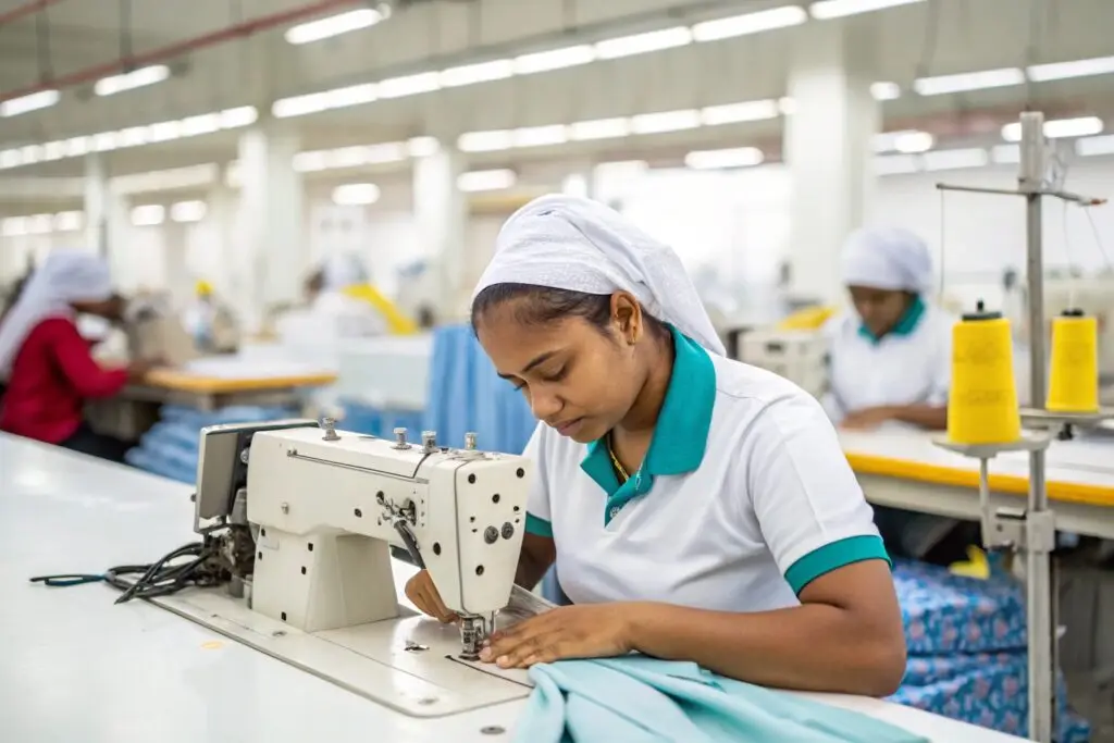 Worker sewing garments in a clothing factory with industrial machines