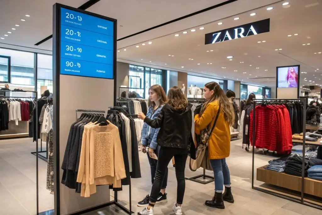Shoppers browsing trendy clothing in a modern fashion store