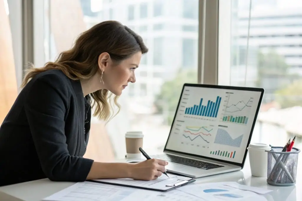 Apparel brand manager reviewing performance data on laptop