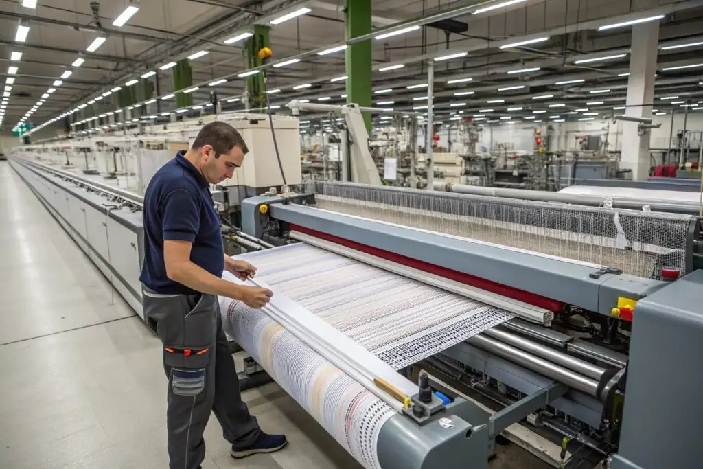 Worker operating an automated weaving machine in a factory