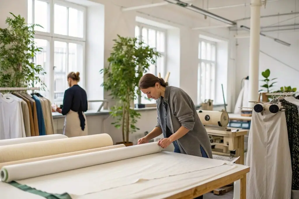 Fashion designer working with fabric rolls in eco-friendly studio