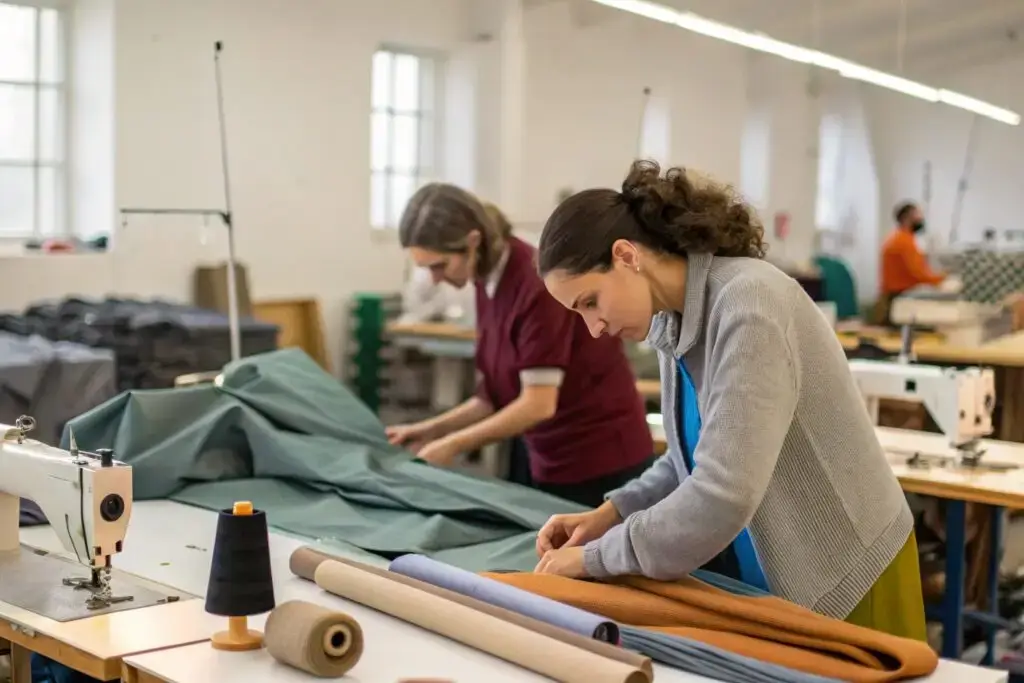 Eco-friendly clothing brand manufacturing process in the factory