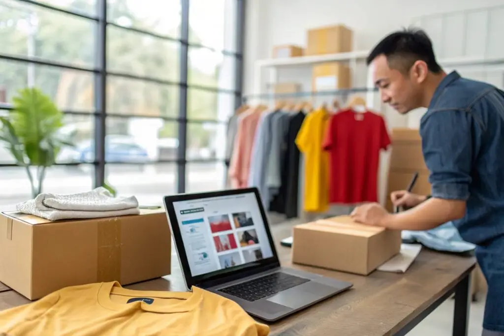 An entrepreneur managing an online clothing store, packing orders with garments and a laptop displaying an e-commerce website