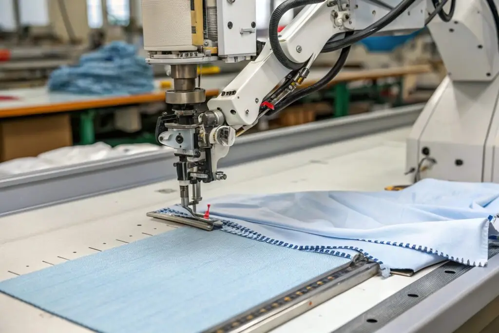 Industrial robot sewing fabric in a garment factory