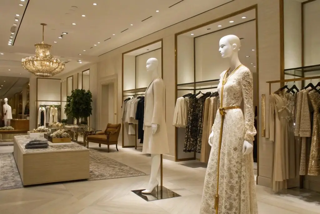 Luxury boutique showcasing high-end fashion apparel