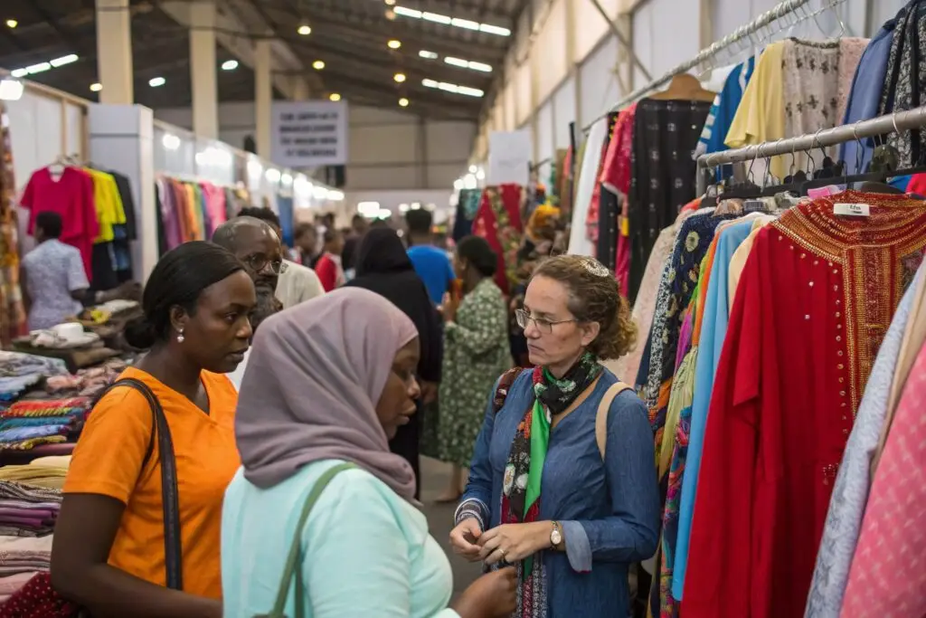 Shoppers exploring garments at a fashion trade fair