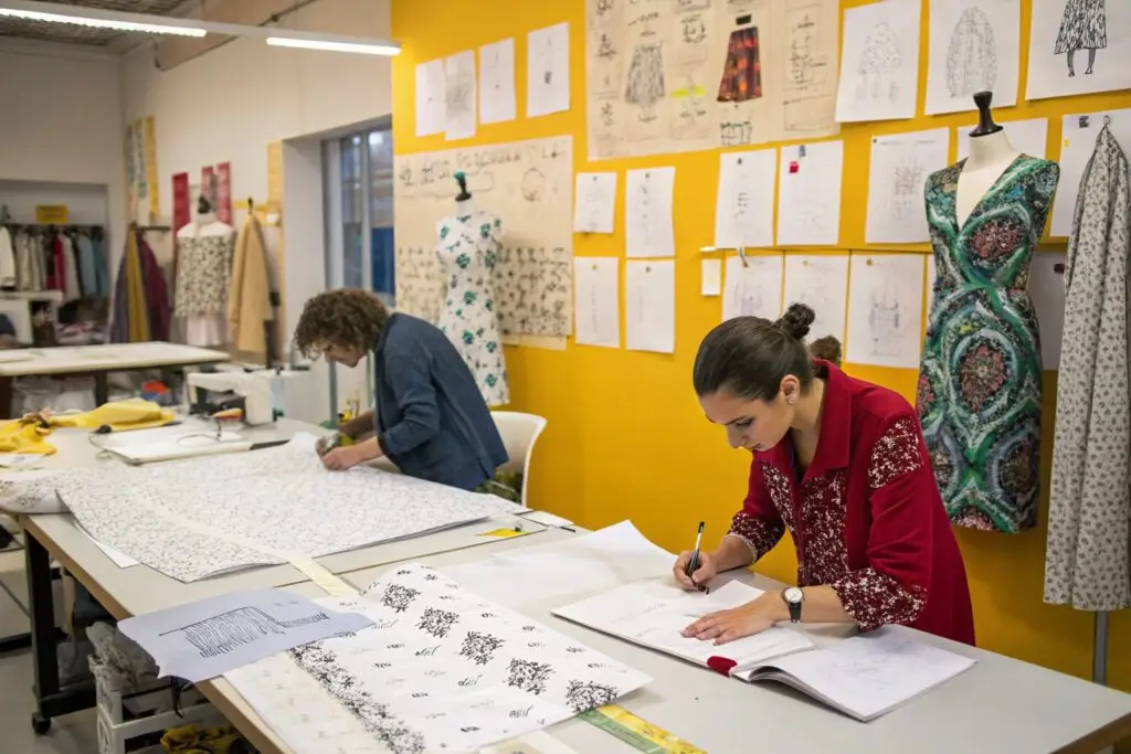 Fashion designers working on sketches and fabric patterns in pre-production phase