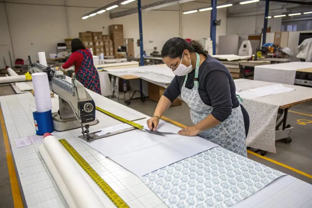 Workers cutting fabric for garment production in textile workshop