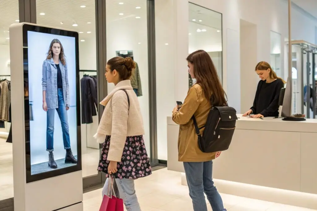 Young shoppers browsing digital fashion display in a store