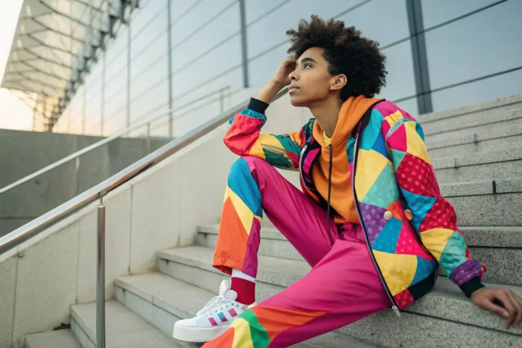 A young adult dressed in colorful, trendy streetwear, sitting on stairs with vibrant jacket and pants