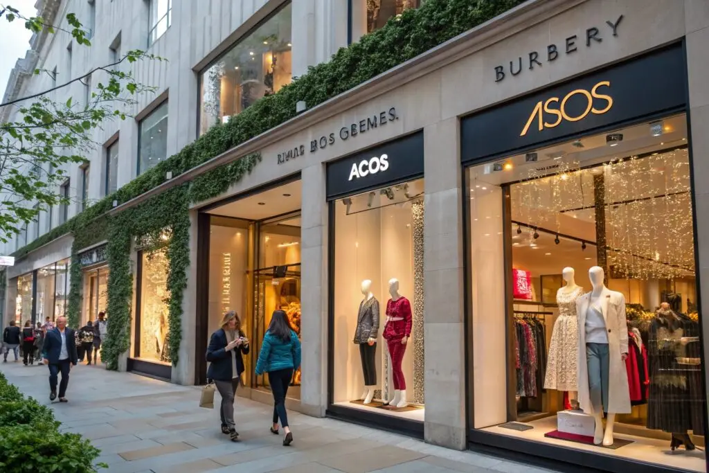 Luxury clothing store with mannequins and stylish outfits on display, modern storefront