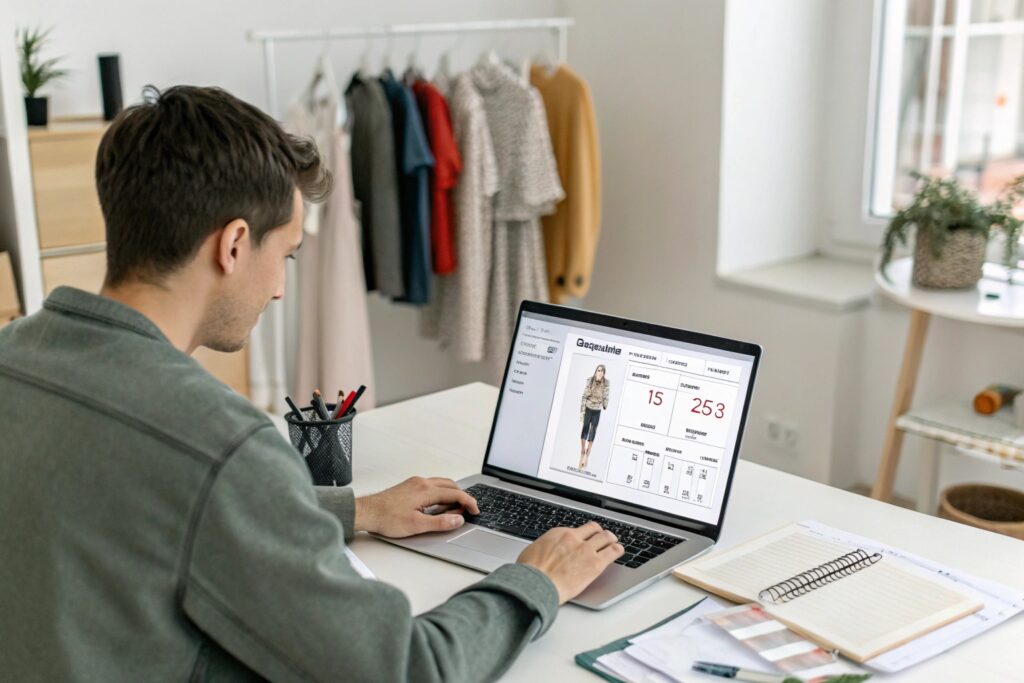 Designer calculating clothing data on a laptop with clothing display in the background