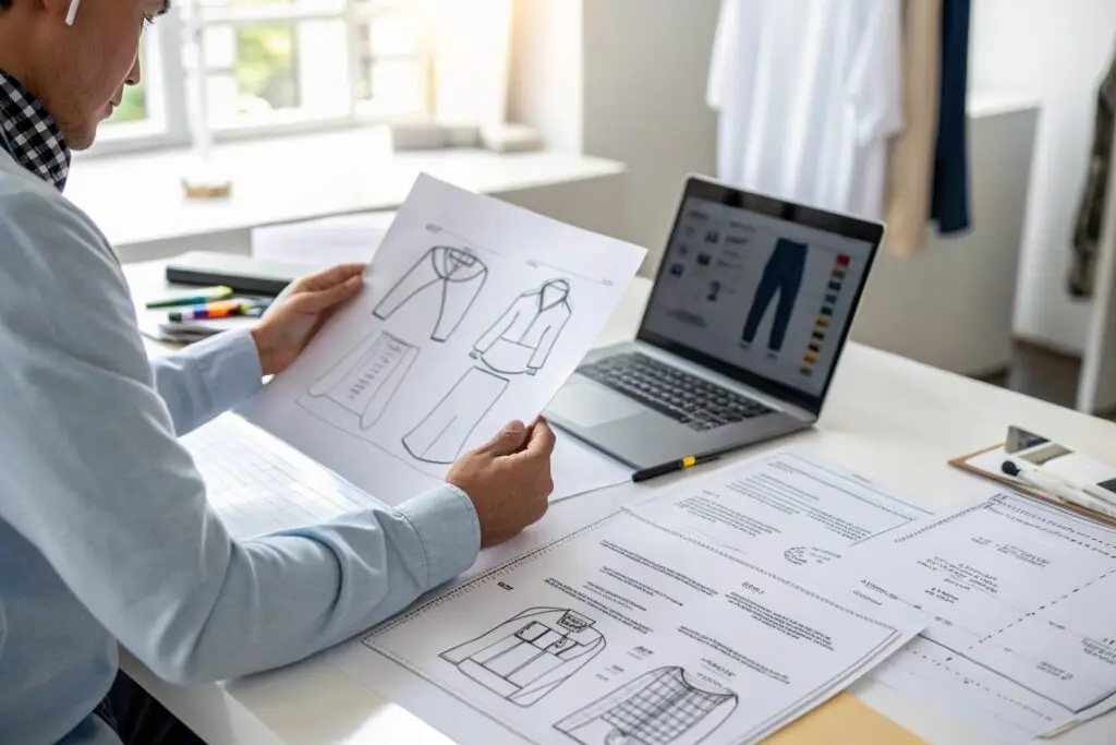 Designer reviewing clothing sketches and tech pack on desk with laptop