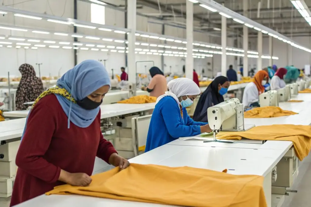 Workers sewing garments in a factory with different stages of production