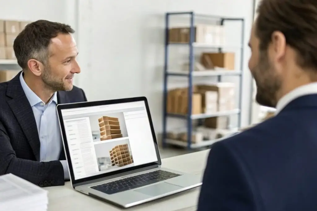 Business owner discussing bulk packaging options with a supplier