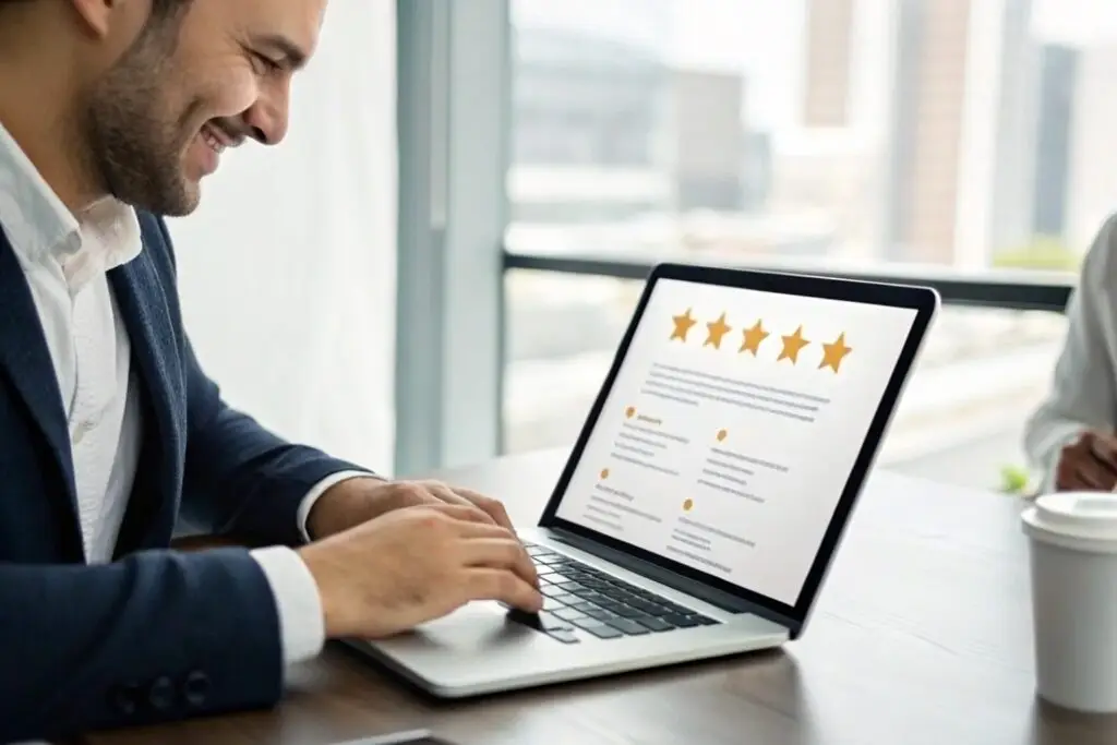 Business owner reading customer reviews