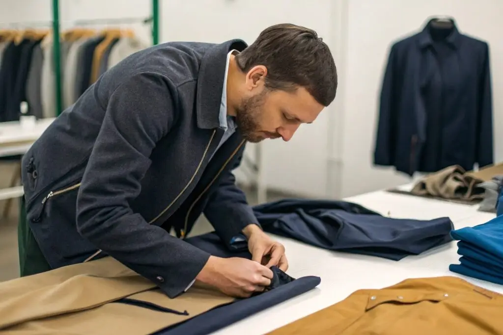 Business owner inspecting garment samples