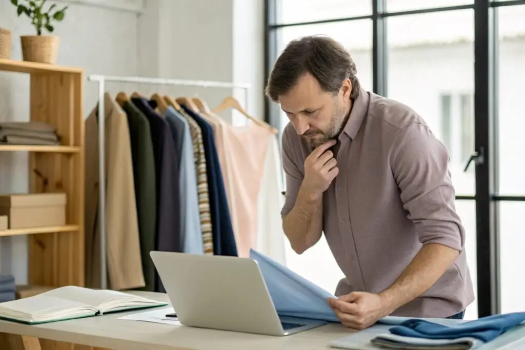 Business owner reviewing fabric samples in an office