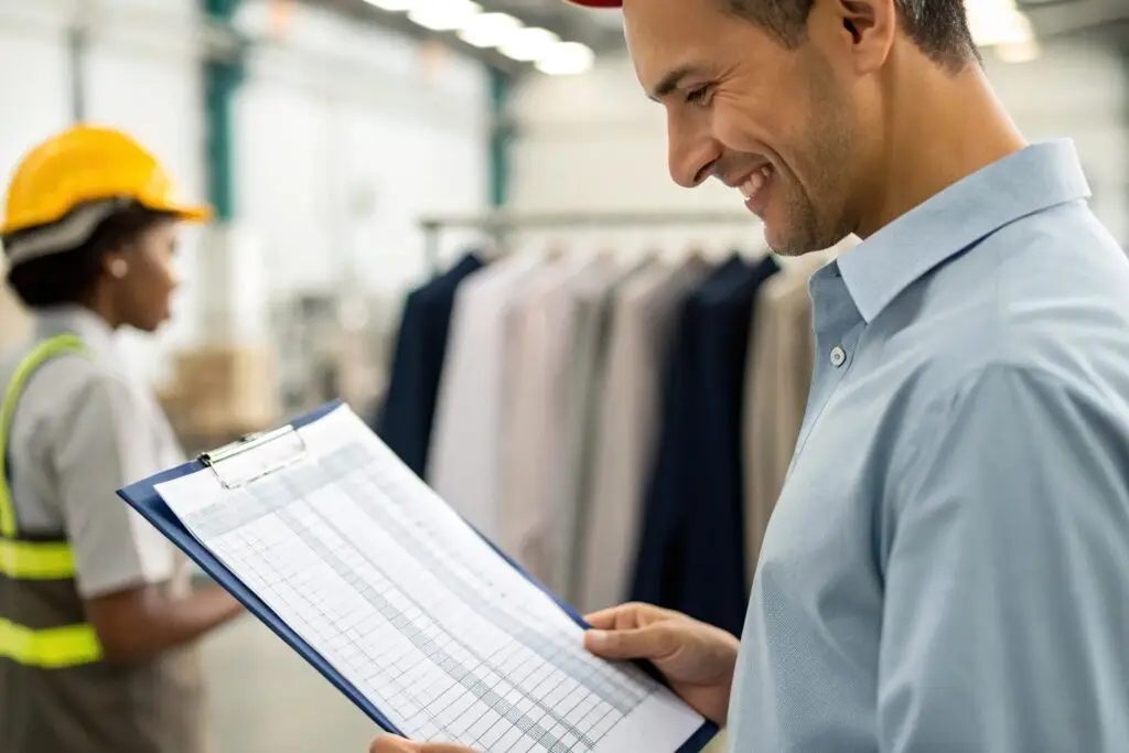 Business owner reviewing Fumao clothing production