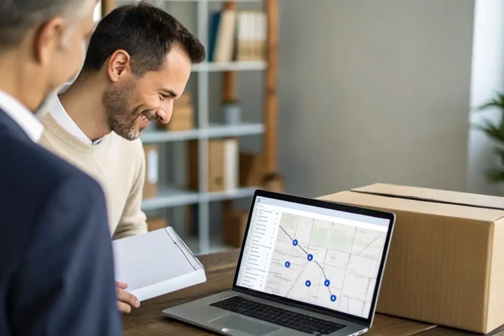 Business owner reviewing logistics and delivery routes on a laptop