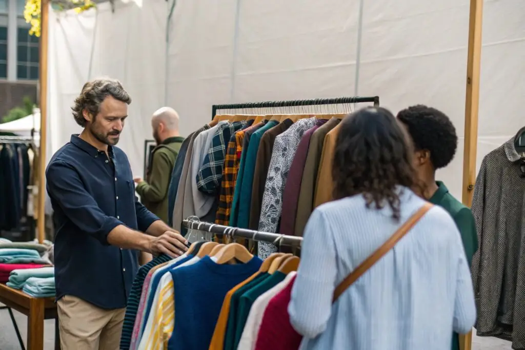 Business owner showcasing clothing at a local fashion market